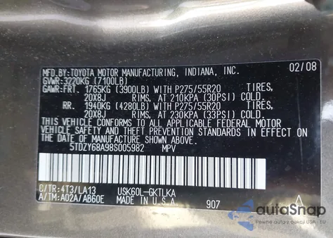 2008 Toyota Sequoia Limited 5.7L V8 z USA, uszkodzony, nr VIN 5TDZY68A98S005982